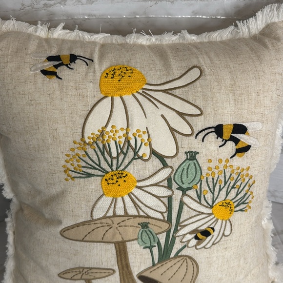 Sheffield Home Textured Cream cottagecore bumble bee mushrooms flowers pillow - Picture 3 of 12